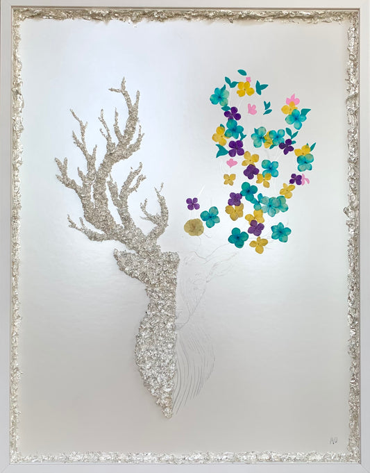 Cerf d'argent - Tableaux en feuilles d'argent fait par L'ours Doré