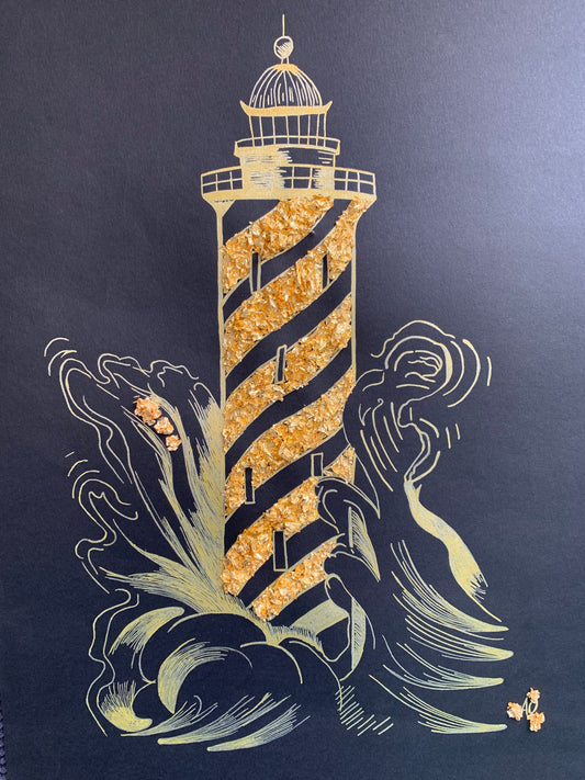 Phare d'Or - Tableau en feuilles en or fait par L'ours Doré