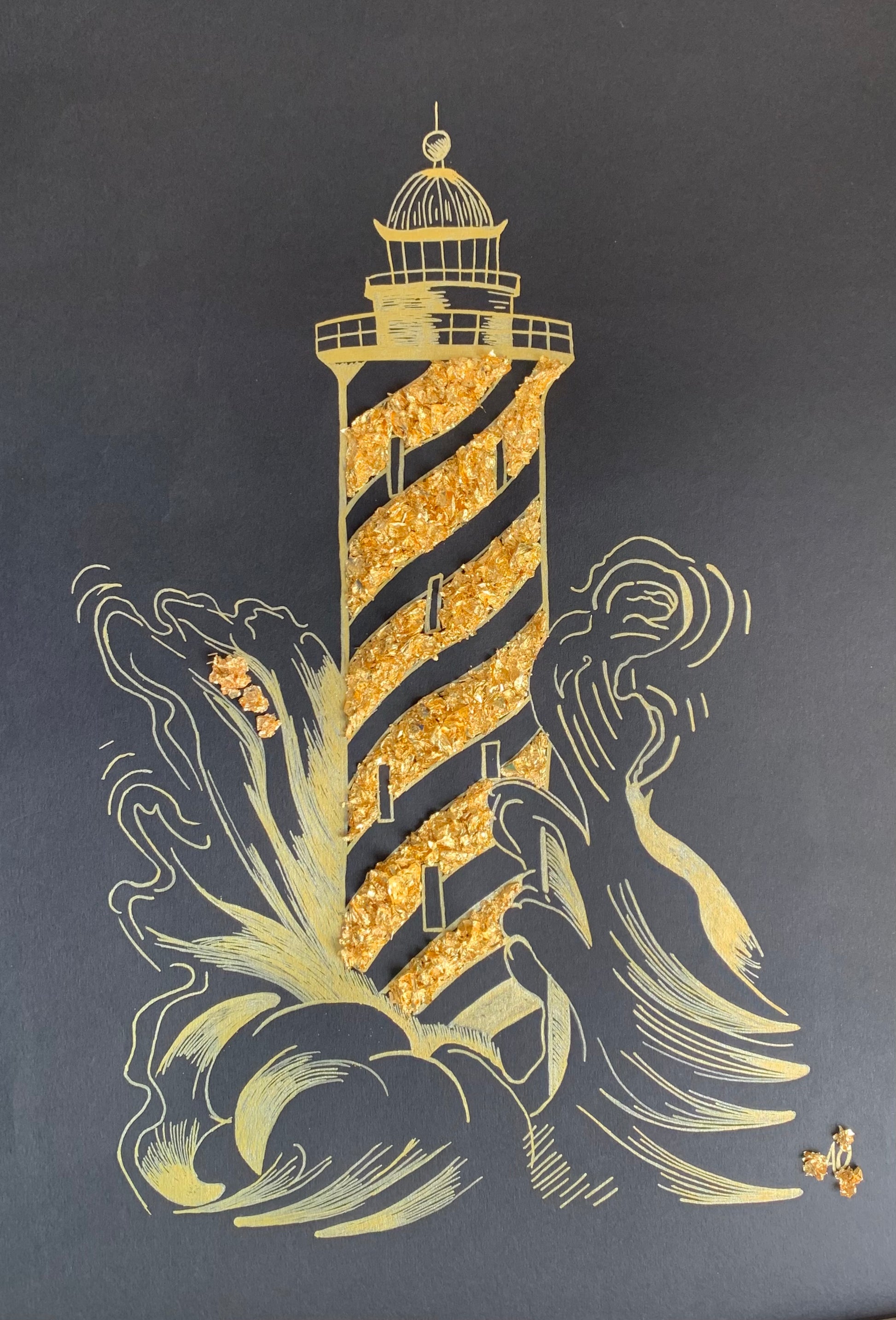 Tableau en feuilles en or fait par L'ours Doré représentant un phare